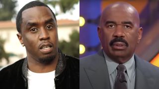Diddy addresses fans in a YouTube video, while Steve Harvey looks confused on Family Feud.