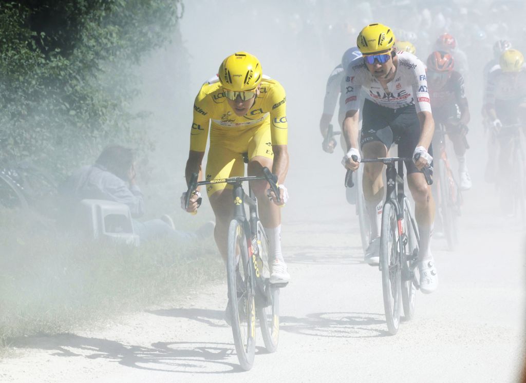 Slovenian Tadej Pogacar of UAE Team Emirates and Belgian Tim Wellens of UAE Team Emirates pictured in action during stage 9 of the 2024 Tour de France cycling race, from Troyes to Troyes, France (199 km) on Sunday 07 July 2024. The 111th edition of the Tour de France starts on Saturday 29 June and will finish in Nice, France on 21 July.
BELGA PHOTO POOL JAN DE MEULENEIR (Photo by POOL JAN DE MEULENEIR / BELGA MAG / Belga via AFP)