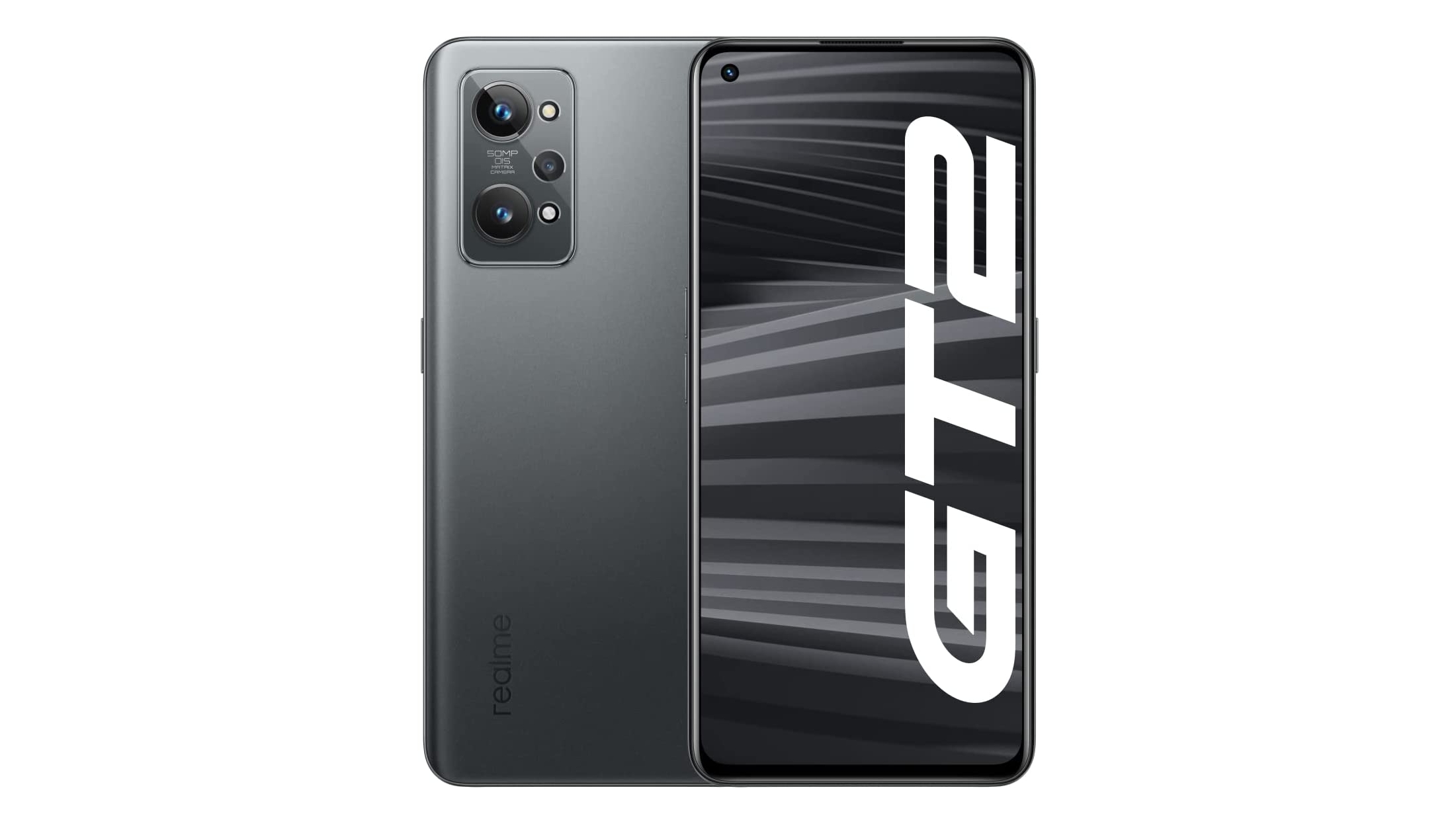 A Realme GT 2 in Steel Black from the front and back