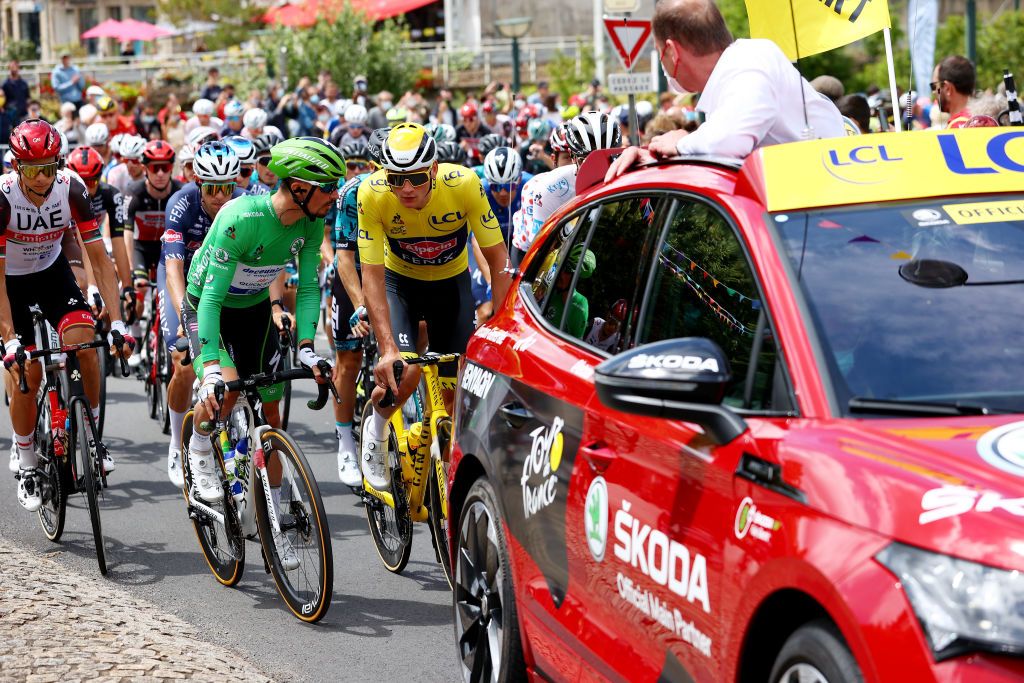 FOUGERES FRANCE JUNE 29 Mathieu Van Der Poel of The Netherlands and Team AlpecinFenix yellow leader jersey Julian Alaphilippe of France and Team Deceuninck QuickStep Green Points Jersey Christian Prudhomme of France Director of Le Tour de France Director of ASO at start during the 108th Tour de France 2021 Stage 4 a 1504km stage from Redon to Fougres Riders protest due to lack of safety and multiple crashes LeTour TDF2021 on June 29 2021 in Fougeres France Photo by Michael SteeleGetty Images