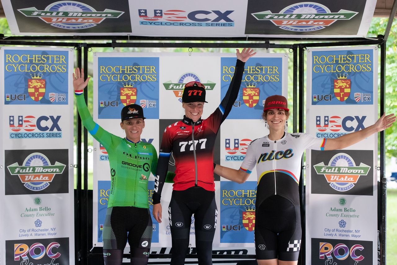 Women's C1 podium at 2022 Rochester Cyclcross (l to r): Caroline Mani in second, winner Annemarie Worst, Austin Killips third
