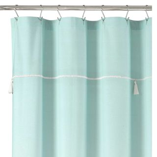 A blue shower curtain