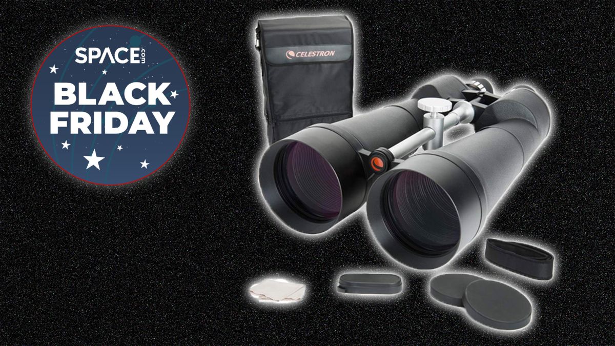 Celestron SkyMaster 25x100 on a dark background discounted for black friday