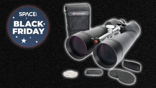 Celestron SkyMaster 25x100 on a dark background discounted for black friday
