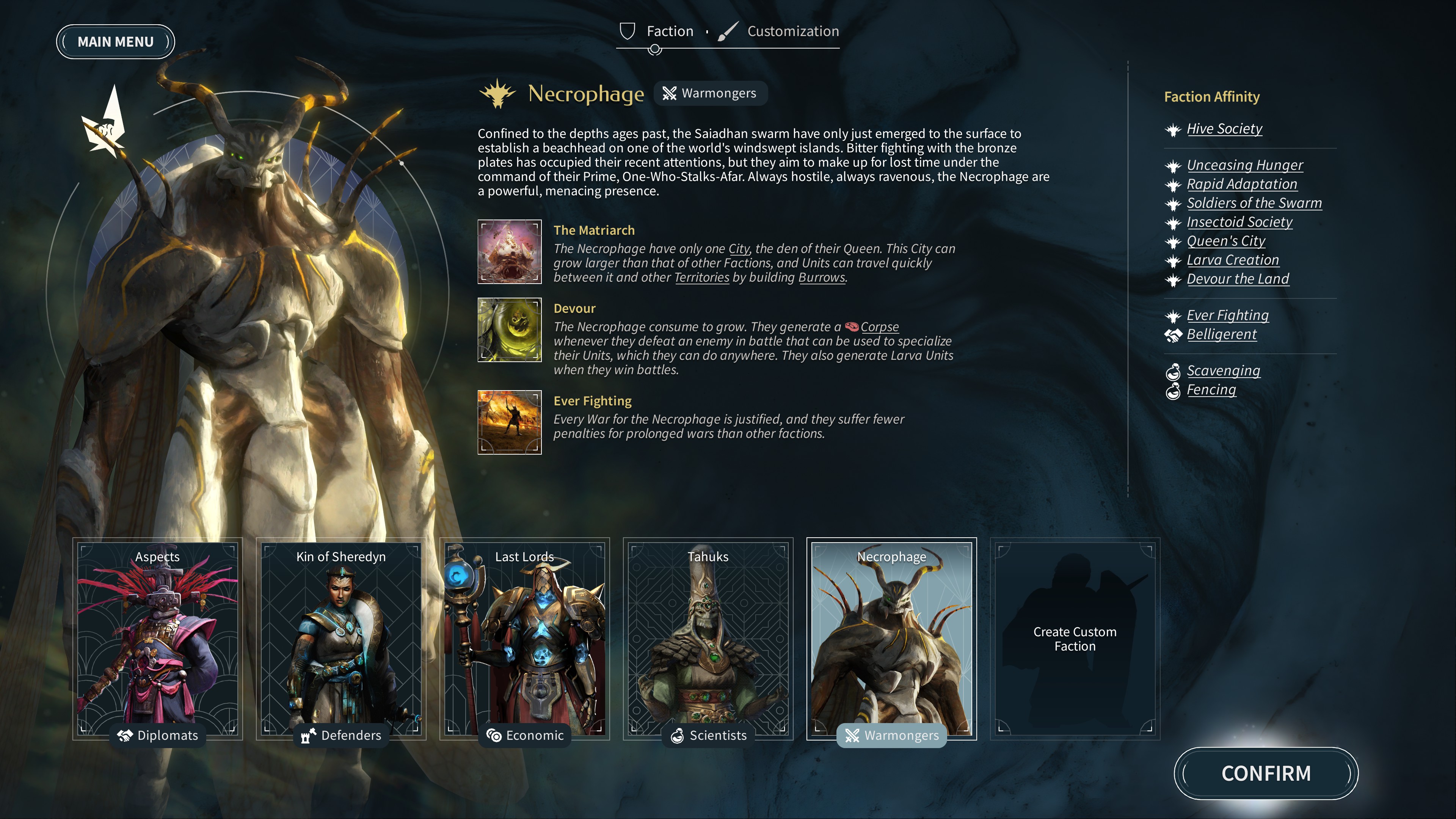 The faction select screen