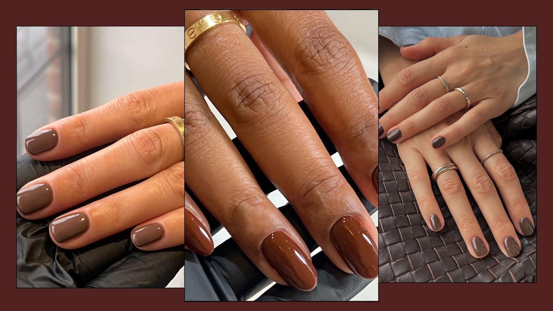 A collage of brown nail designs