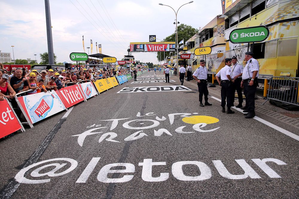 The finish line awaits the riders.