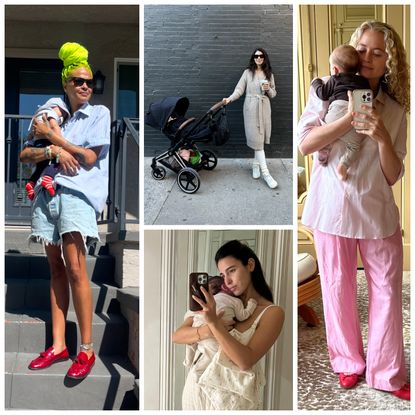 An outfit collage of Crystal Anderson, Sarah Zendejas, Bettina Looney, & Harling Ross Anton in postpartum clothes