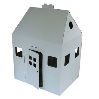 Kid Eco Playhouse grey cardboard styled into the shape of a playhouse with working door and open windows