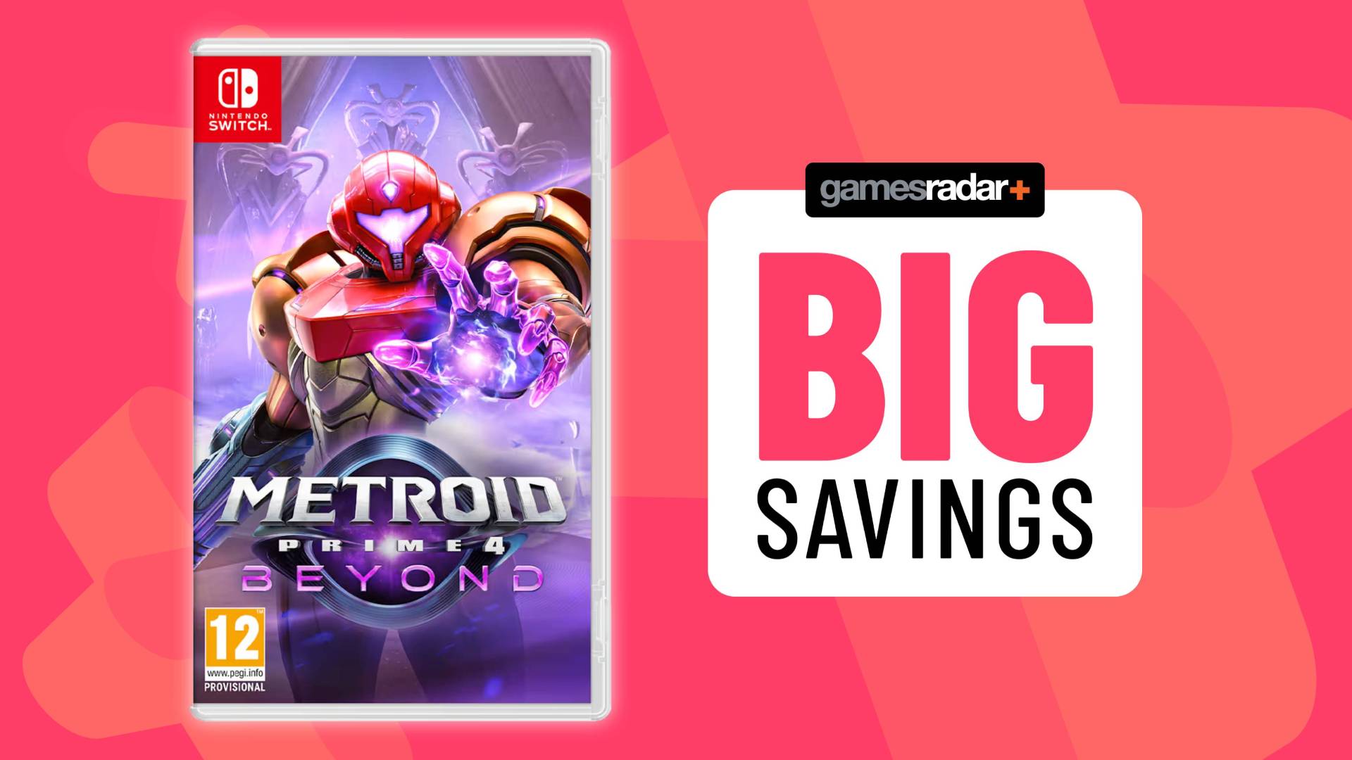 Image of the Metroid Prime 4 Beyond Switch box art on a pink GamesRadar+ background.