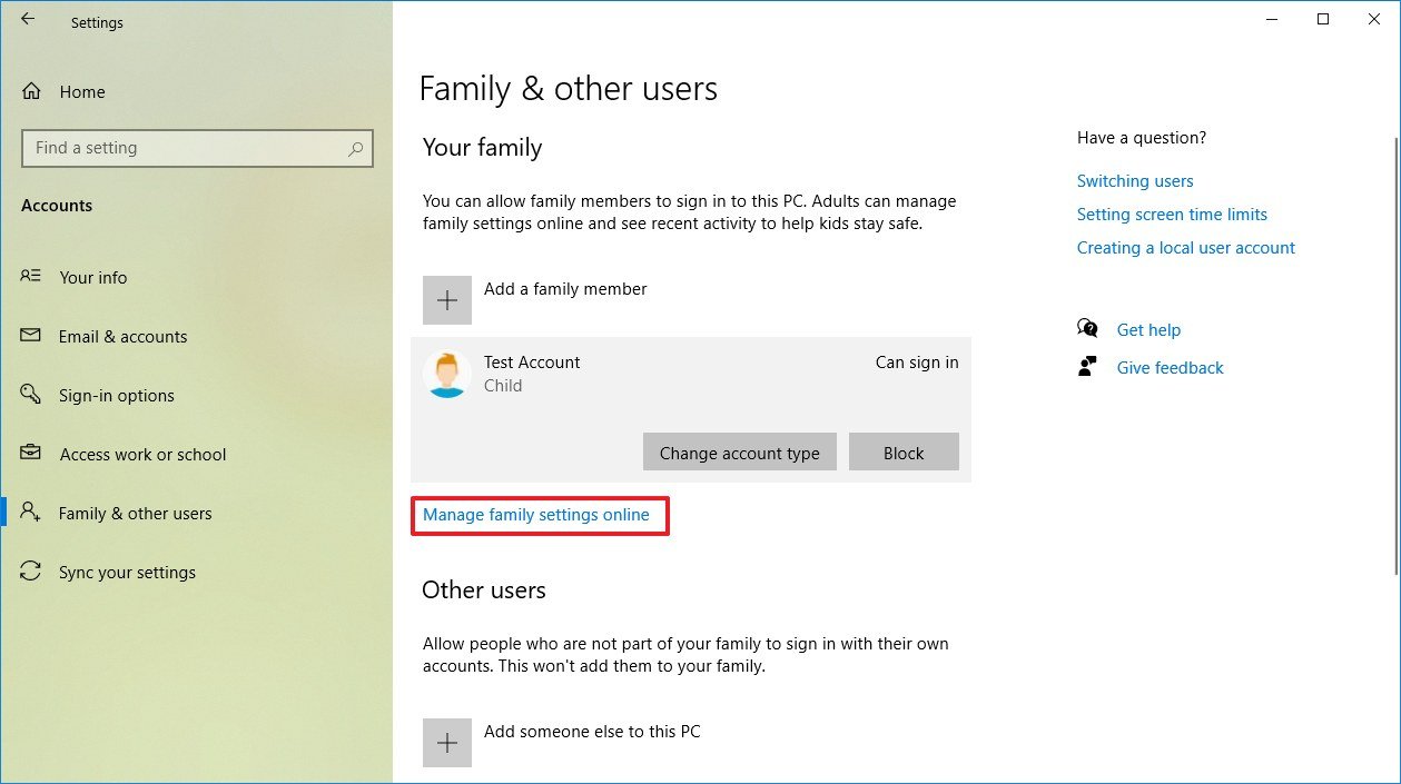 Windows 10 Manage Family Settings Online option