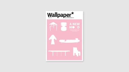 Wallpaper* January 2026 cover, pink with white silhouettes of furniture designs