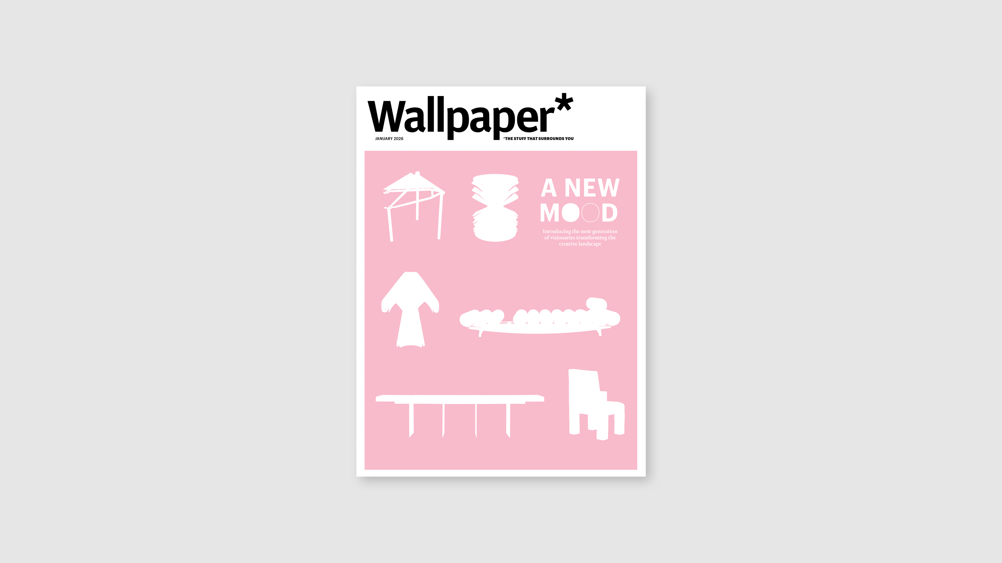 Wallpaper* January 2026 cover, pink with white silhouettes of furniture designs