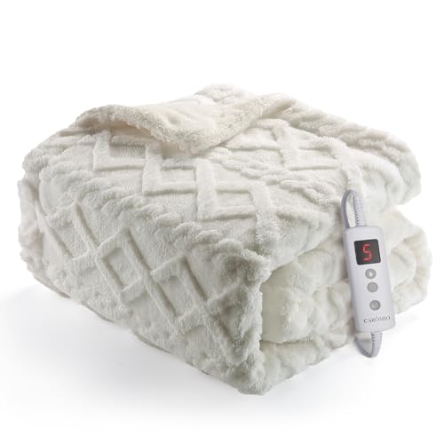 Caromio Heated Throw Blanket - Thick Tufted Sherpa Electric Blanket Throw With 10 Heating Levels and 10 Time Settings, Etl Certified Machine Washable Fast Heating Blanket Throw 50&quot;&amp;times;60&quot;, Off White