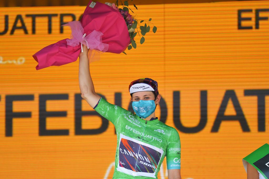 CARUGATE ITALY JULY 06 Elise Chabbey of Switzerland and Canyon SRAM Racing Team Green Mountain Jersey during the 32nd Giro dItalia Internazionale Femminile 2021 Stage 5 a 1201km stage from Milano to Carugate GiroDonne UCIWWT on July 06 2021 in Carugate Italy Photo by Luc ClaessenGetty Images