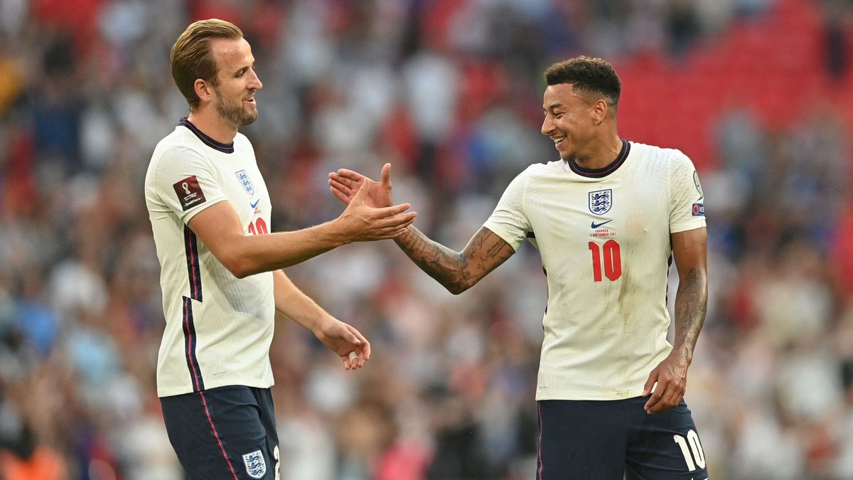 Harry Kane and Jesse Lingard of England celebrating goals against Andorra