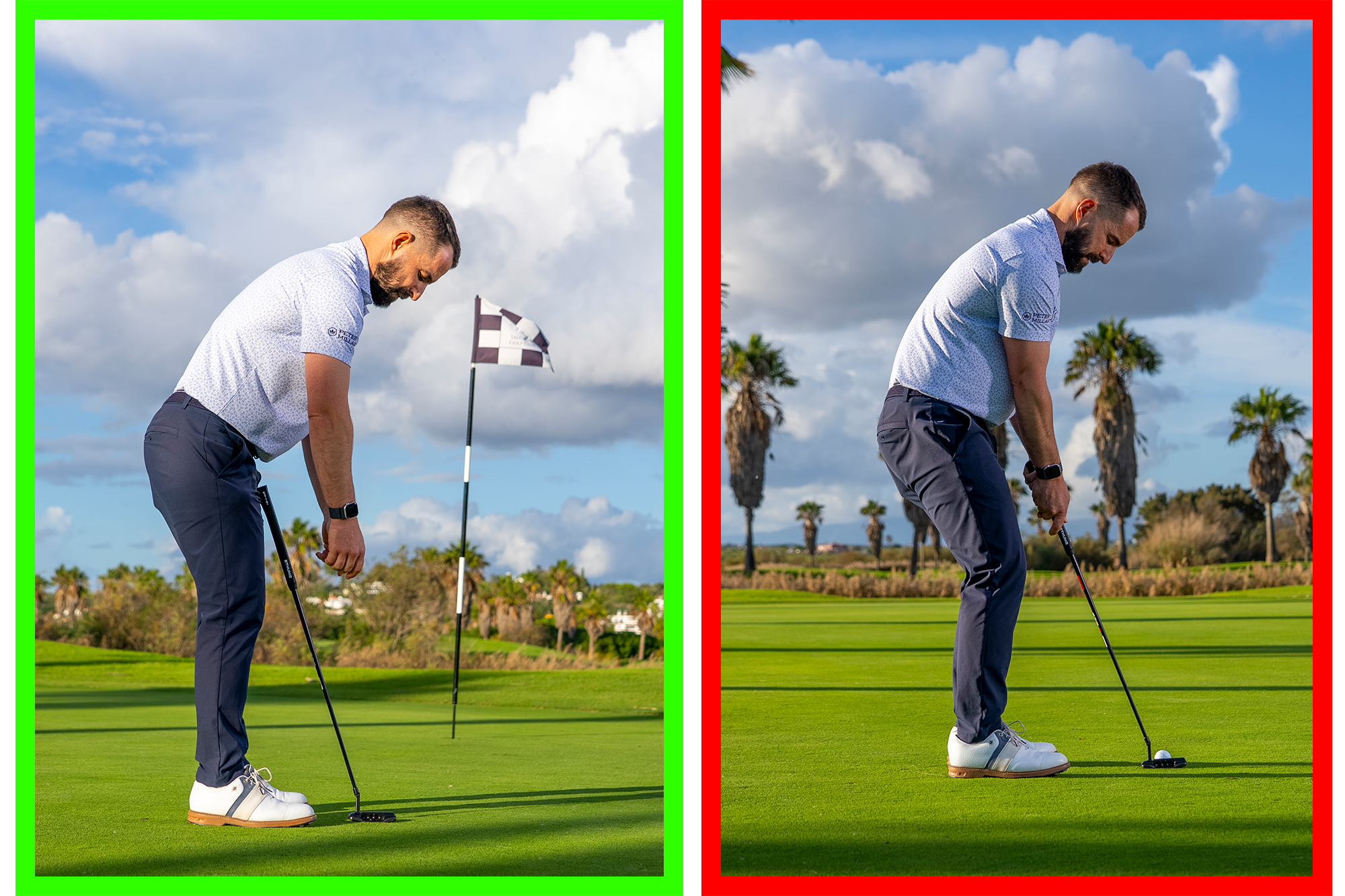 James Jankowski demonstrating the correct set-up position with putter, surrounded in green, and the incorrect putting set-up position, surrounded in red