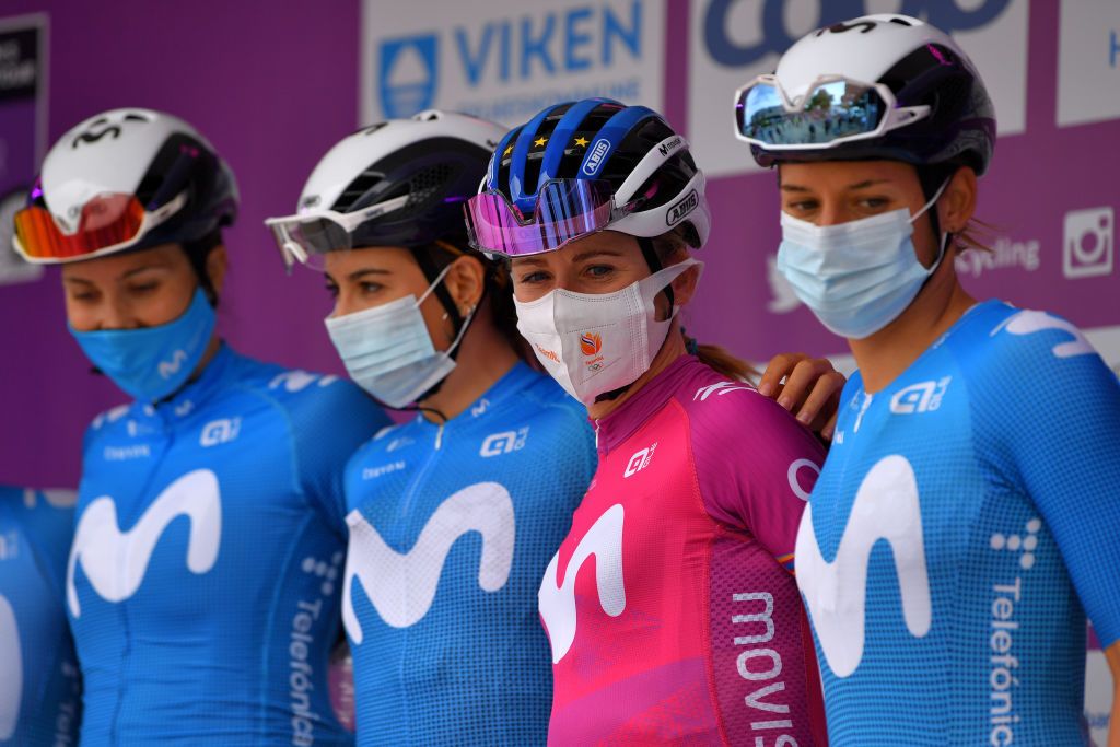 MYSEN NORWAY AUGUST 13 Annemiek Van Vleuten of Netherlands and Movistar Team Women Pink UCI Womens WorldTour Leader Jersey prior to the 7th Ladies Tour Of Norway 2021 Stage 2 a 145km stage from Askim to Mysen LTourOfNorway LTON21 UCIWWT on August 13 2021 in Mysen Norway Photo by Luc ClaessenGetty Images