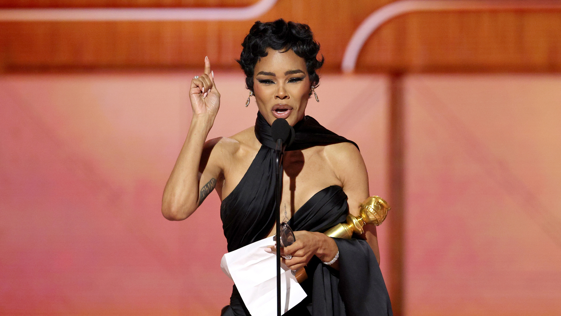 teyana taylor wins the best supporting actress in a motion picture at the 2026 golden globes and gives an emotional speech