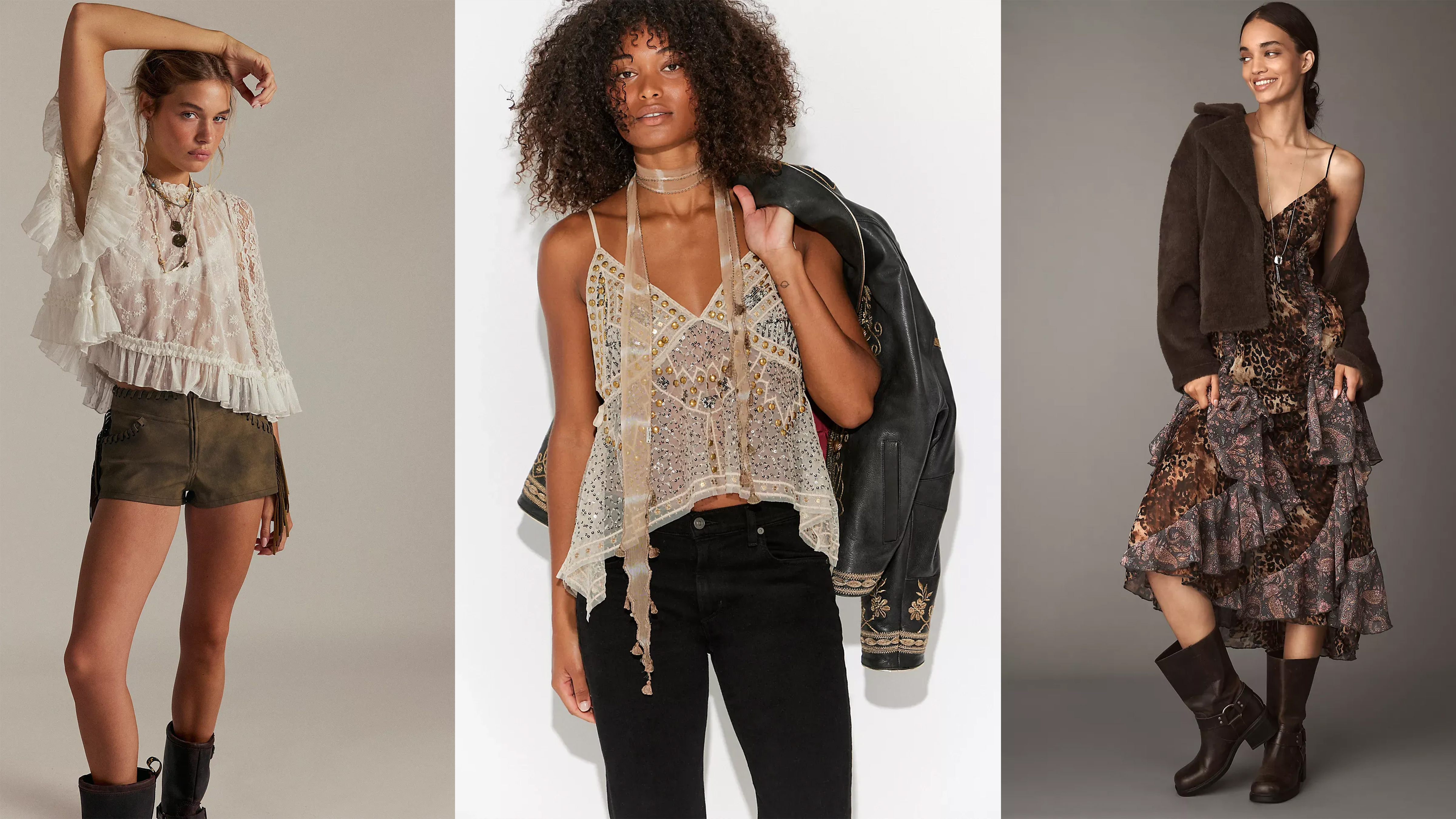Models wearing Free People and Anthropologie fall boho-chic finds.