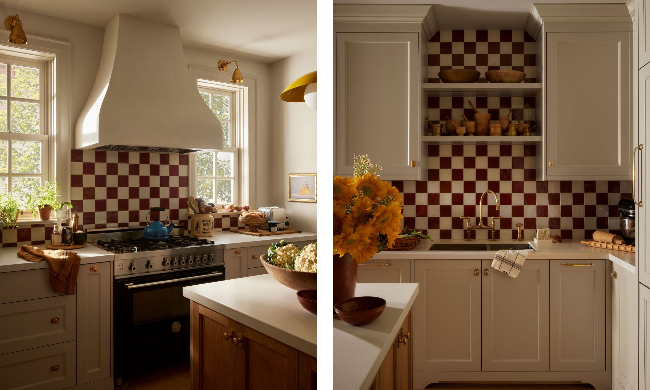 Two images of a cozy cottage kitchen with neutral cabinets, off-white walls, two windows on either side of the cooker, and burgundy and cream checkerboard backsplash tiles.