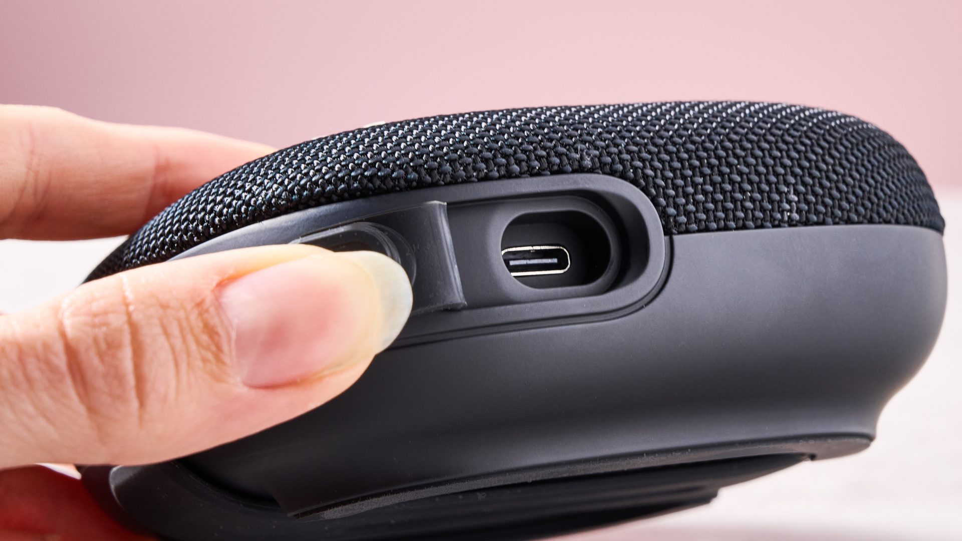 A closeup of the Tribit Stormbox Micro 3's USB-C charging port.