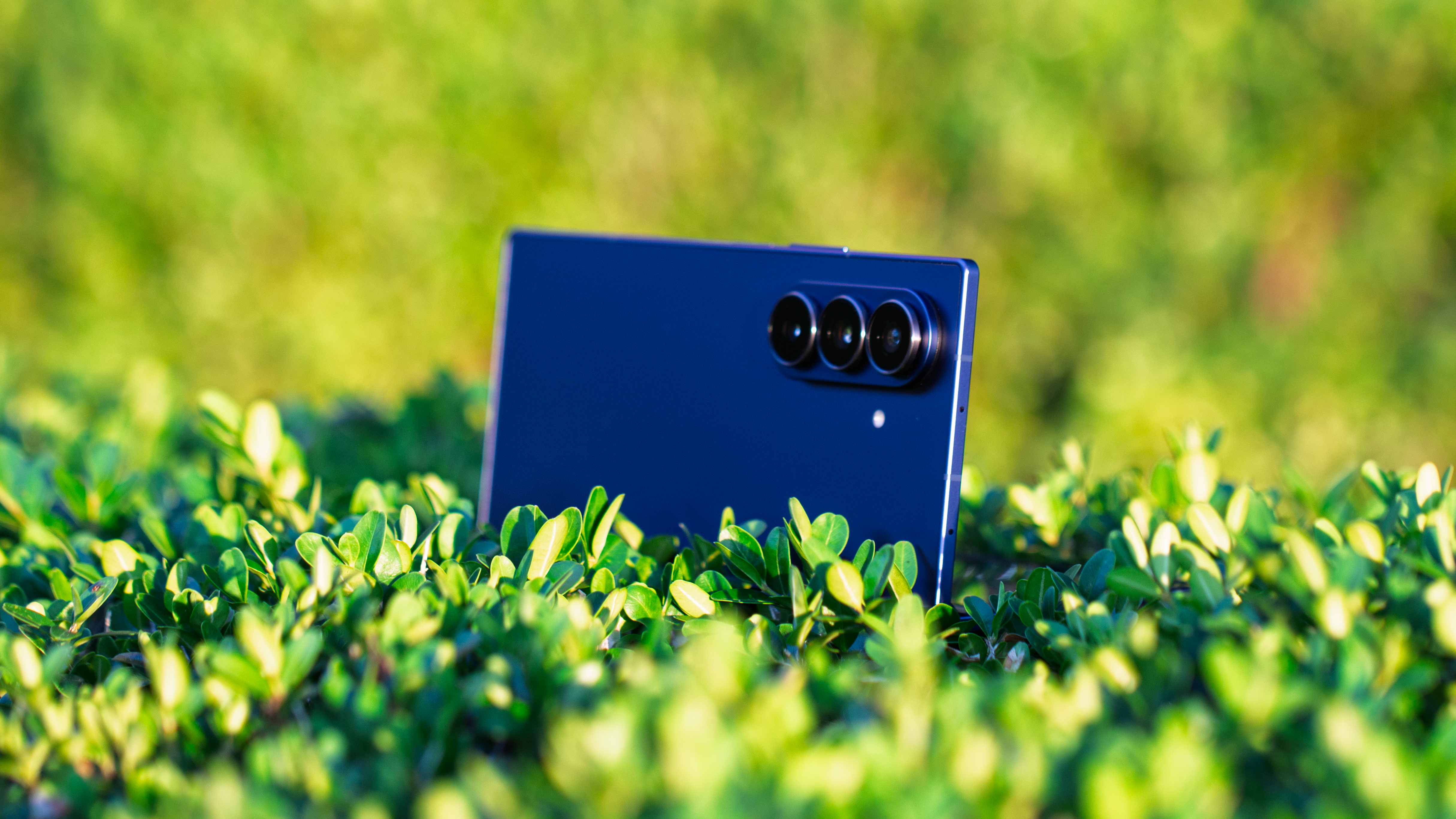 Samsung Galaxy Z Fold 7 propped up on a bush
