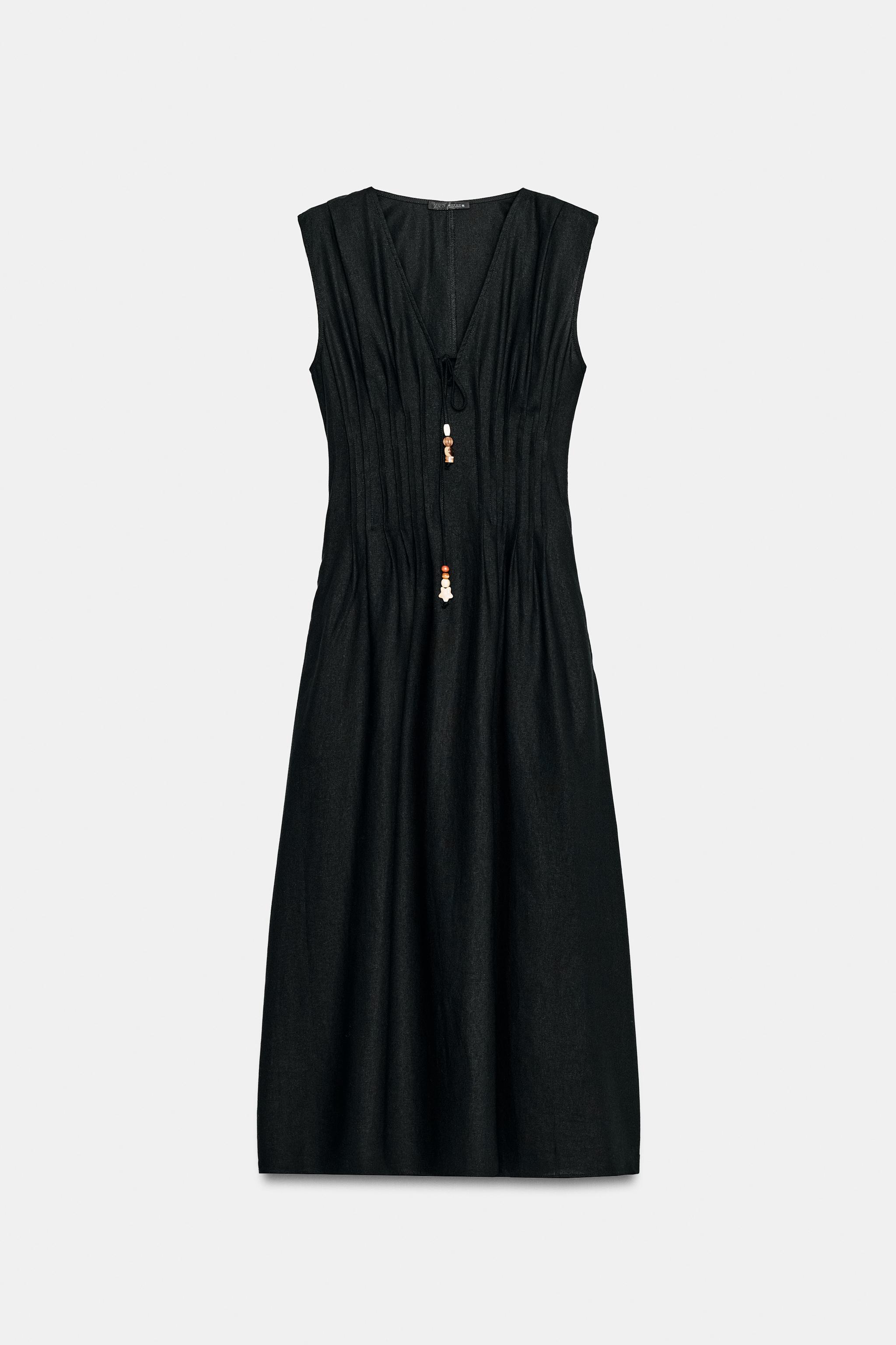 Linen Blend Midi Dress With Pin Tucks - Black - Xs