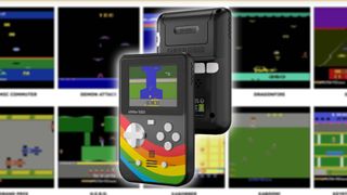 Super Pocket Activision Edition with River Raid on screen and game screenshots in backdrop.