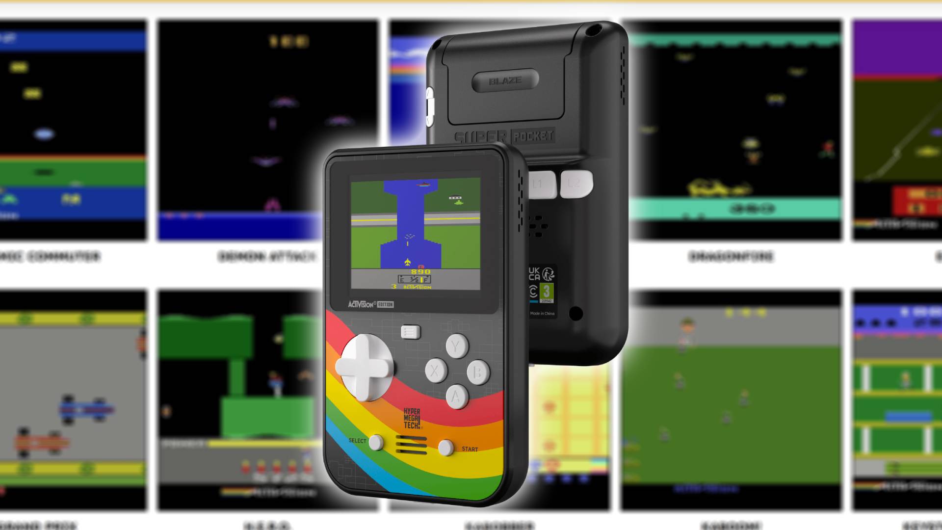 Super Pocket Activision Edition with River Raid on screen and game screenshots in backdrop.