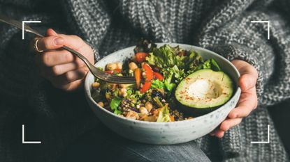 Woman eating a bowl of fiber-rich foods, one of the best ways to avoid intermittent fasting mistakes
