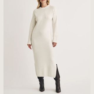 Cream Crew Neck Knitted Midi Jumper Dress