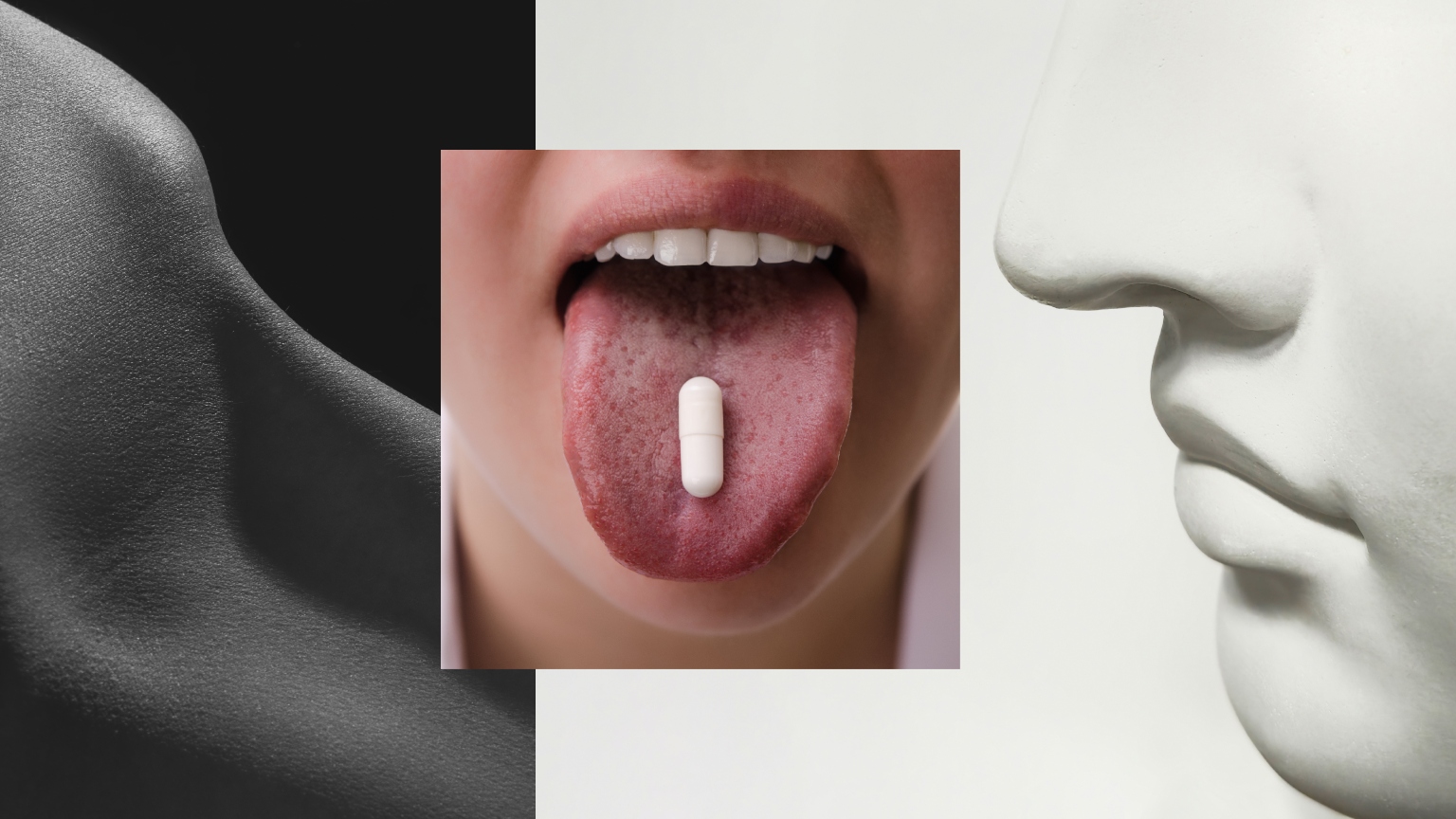 two black and gray greek goddess noses on either side of a close up of a woman's mouth with her tongue out balancing a white pill