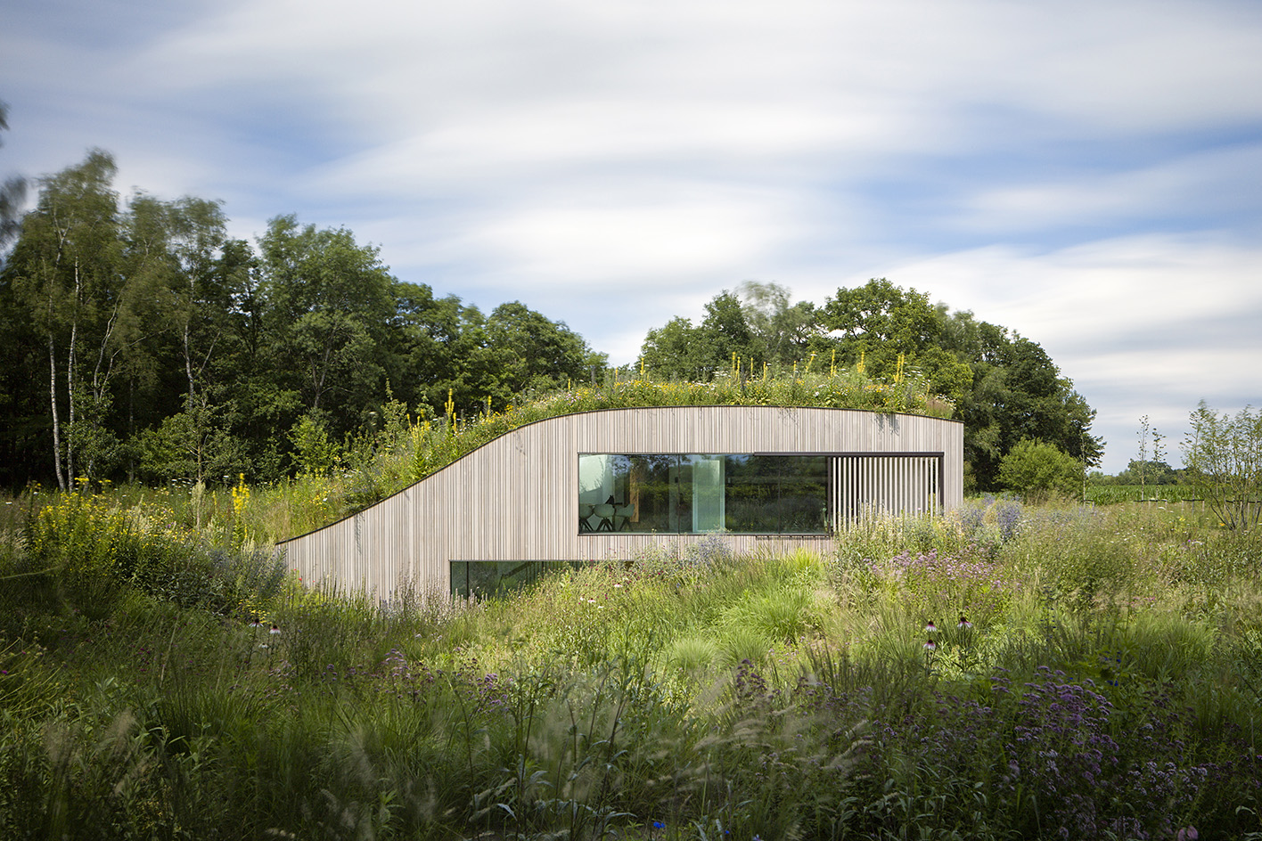 the house is made of wooden panels, it slopes off to the left and the roof is covered with grass and plants.