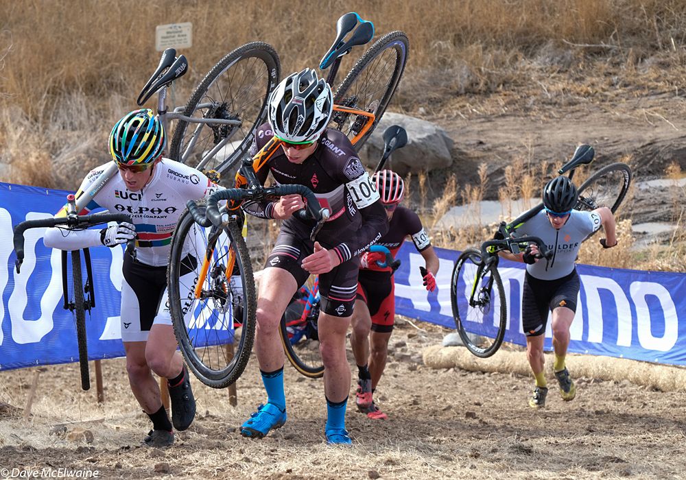 Eric Brunner (EVOL Devoelite) leading Hecht up the big climb on the second lap.