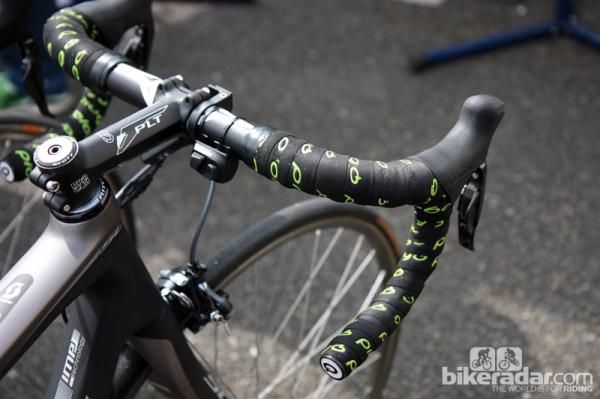 Shimano's Dura-Ace Di2 satellite shifter is mounted up top next to the stem so GreenEdge rider Svein Tuft can still shift while on the cobbles.