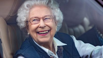 Queen Elizabeth II seen driving her Range Rover car as she attends day 2 of the Royal Windsor Horse Show in Home Park, Windsor Castle on July 2, 2021 in Windsor, England.