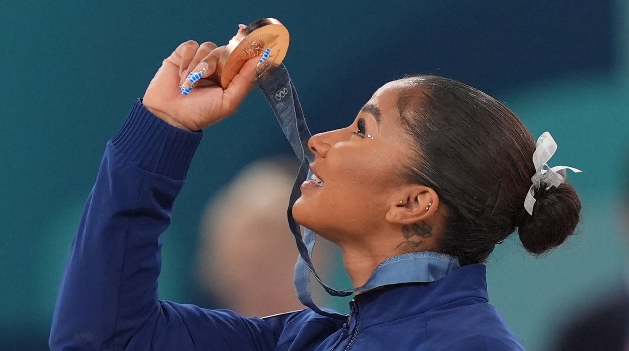 Jordan Chiles of Team Untied States celebrates after being awarded a bronze medal in the Women&#039;s Floor Exercise Final at Bercy Arena during the Paris 2024 Olympics on August 5, 2024.