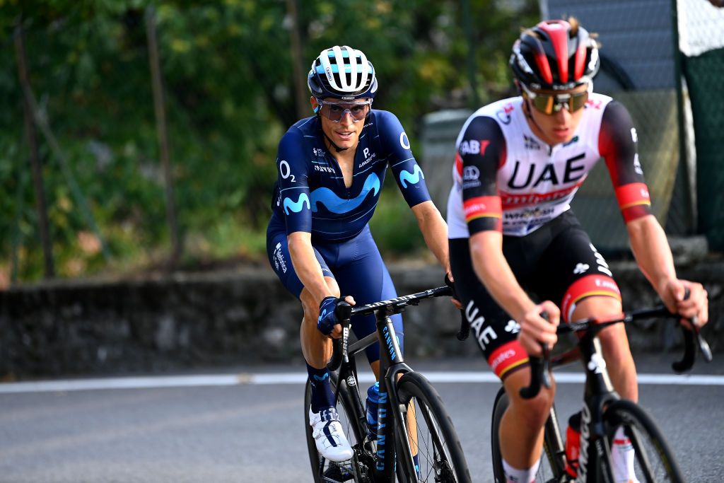 COMO ITALY OCTOBER 08 Enric Mas Nicolau of Spain and Movistar Team competes in the breakaway during the 116th Il Lombardia 2022 a 253km one day race from Bergamo to Como iLombardia on October 08 2022 in Como Italy Photo by Tim de WaeleGetty Images