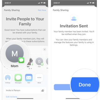 Set Up Family Sharing iOS 15: Tap the invite method you want to use and invite the contact(s) and then tap done.