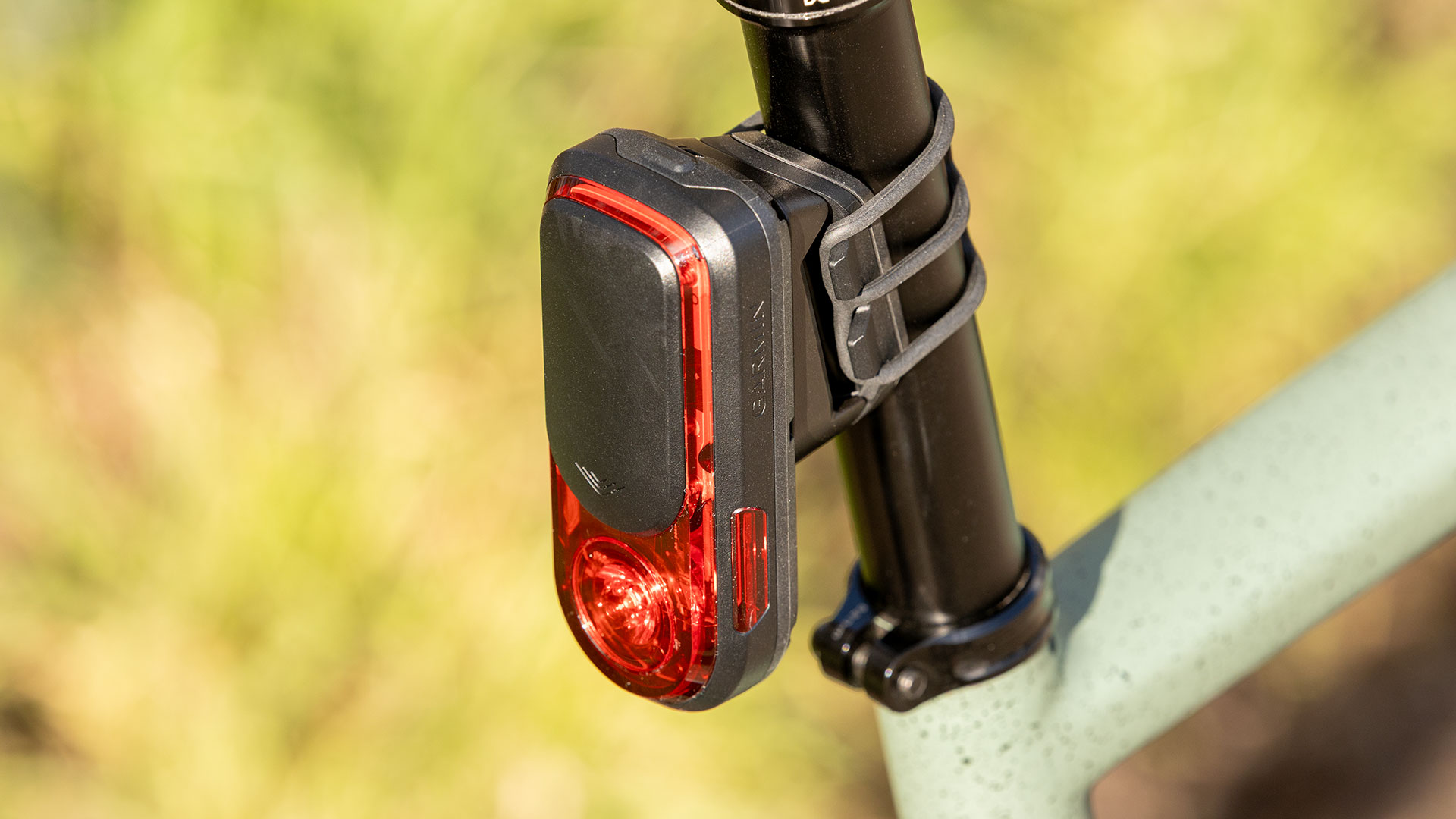 Garmin Varia RearVue 820 mounted on seatpost, viewed three quarters on from rear