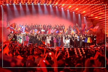 A long shot of the Eurovision song contest final with all performers on stage