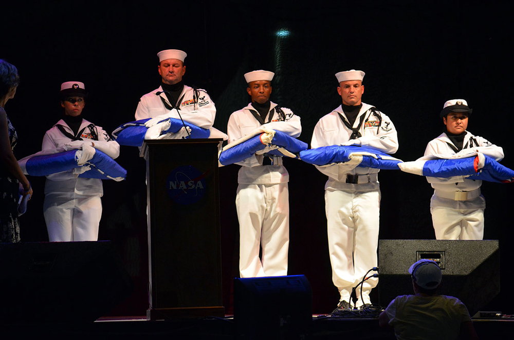 A Navy honor guard accepts the flags for all five of NASA&#039;s shuttles: Columbia, Challenger, Discovery, Atlantis and Endeavour at Johnson Space Center’s shuttle program celebration on Aug. 27, 2011