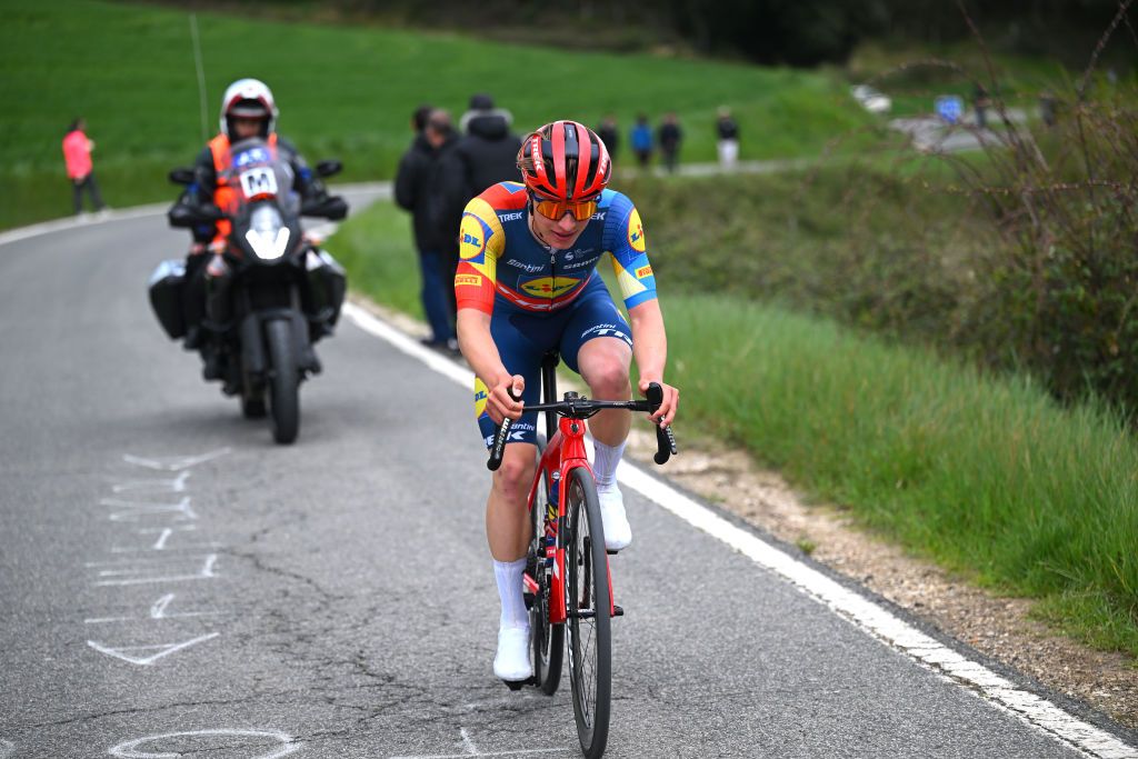 ESTELLALIZARRA SPAIN MARCH 30 Louis Leidert of Germany and Team Lidl Trek competes in the chase group during the 33rd Gran Premio Miguel Indurain 2024 a 1981km one day race from EstellaLizarra to EstellaLizarra on March 30 2024 in EstellaLizarra Spain Photo by Tim de WaeleGetty Images