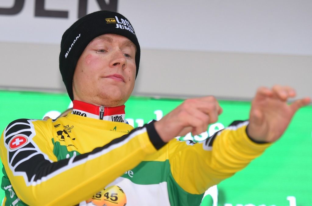 Wilco Kelderman (LottoNl-Jumbo) pulling on his yellow jersey