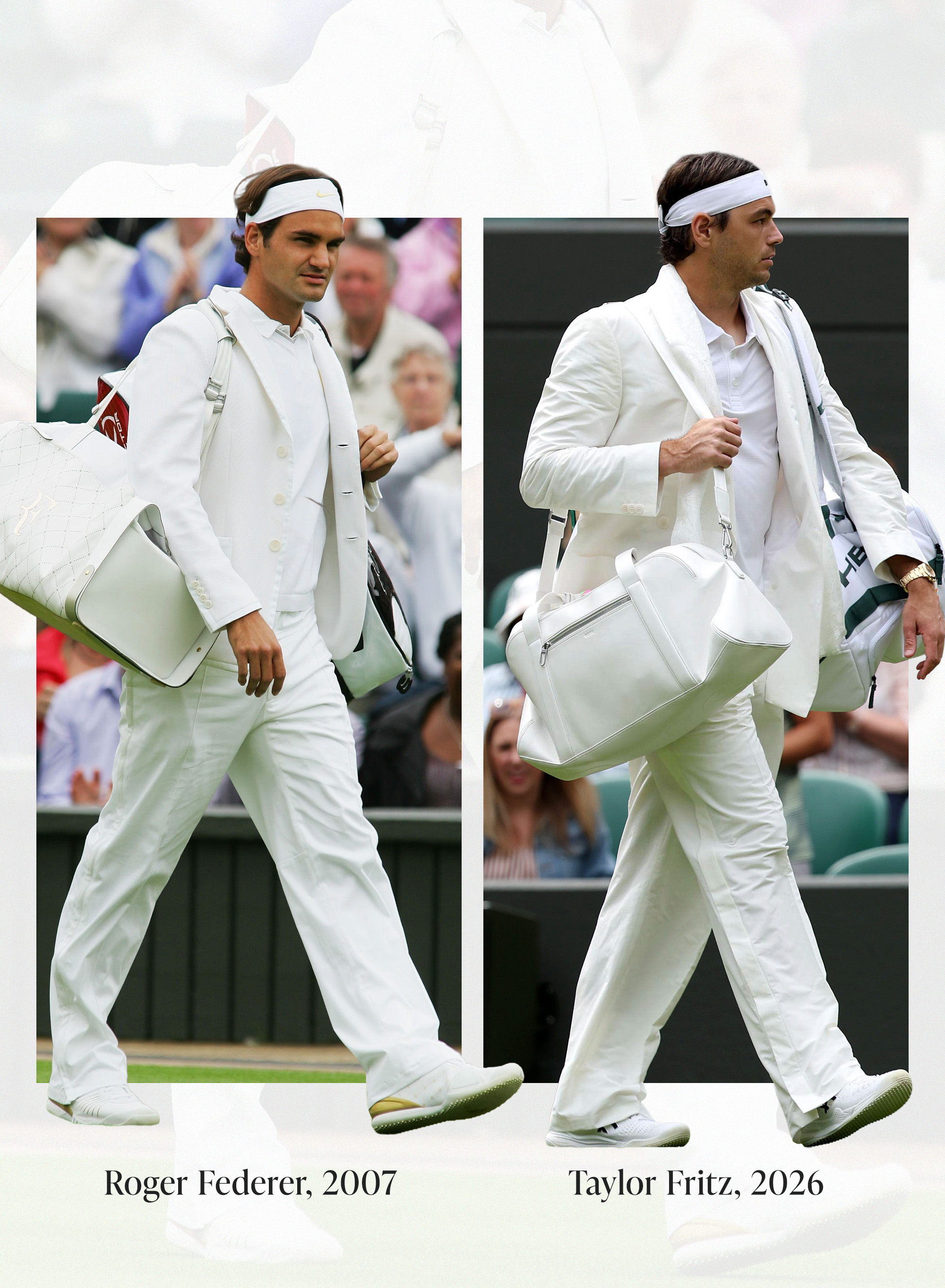 A side-by-side collage of Roger Federer's 2007 white blazer outfit from Wimbledon next to Taylor Fritz's re-creation in 2026.