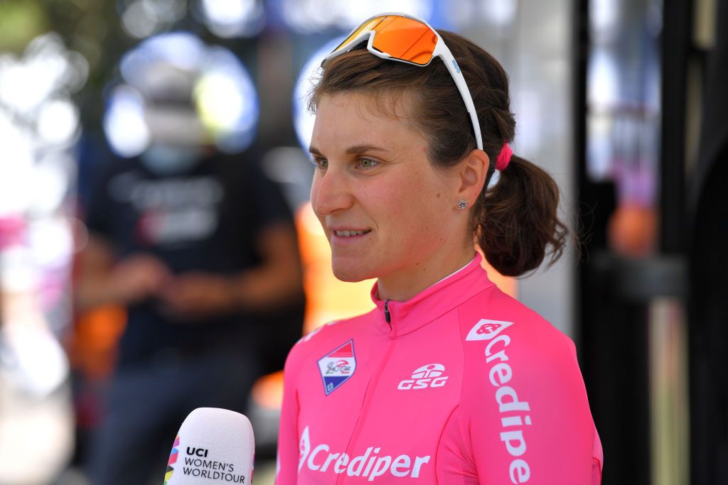 ARCIDOSSO ITALY SEPTEMBER 12 Start Elisa Longo Borghini of Italy and Team Trek Segafredo Pink Leader Jersey during the 31st Giro dItalia Internazionale Femminile 2020 Stage 2 a 1248km stage from Civitella Paganico to Arcidosso GiroRosaIccrea GiroRosa on September 12 2020 in Arcidosso Italy Photo by Luc ClaessenGetty Images