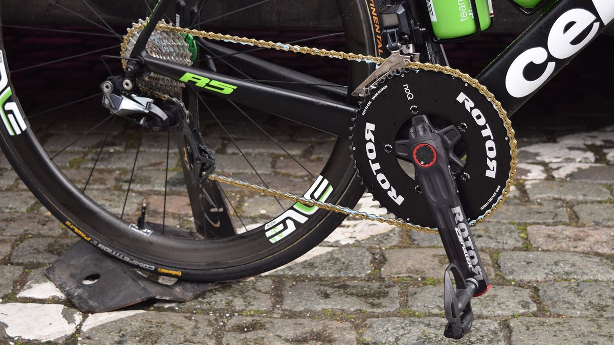 Some of the Dimension Data Cervelos had their gold KMC chains coated with Muc-Off's C3 wet ceramic chain lube