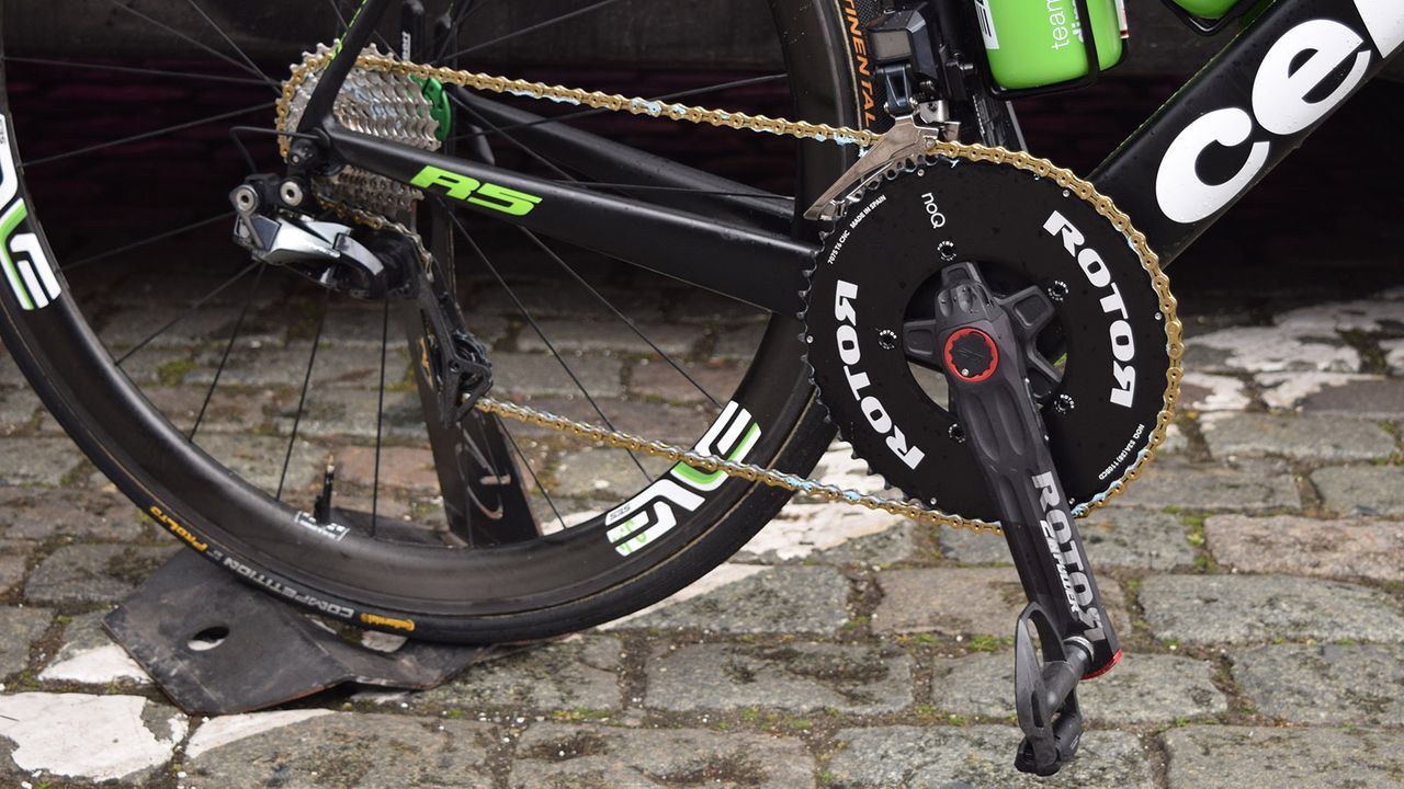 Some of the Dimension Data Cervelos had their gold KMC chains coated with Muc-Off's C3 wet ceramic chain lube