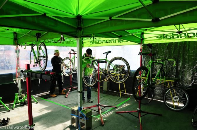 Race preparations being made in the Cannondale tent